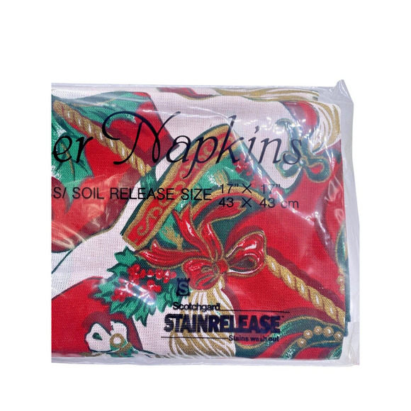 Vintage Christmas Napkins Set Lot 4 NEW Fabric Cloth Red Horse Carousel Cotton - Picture 2 of 9